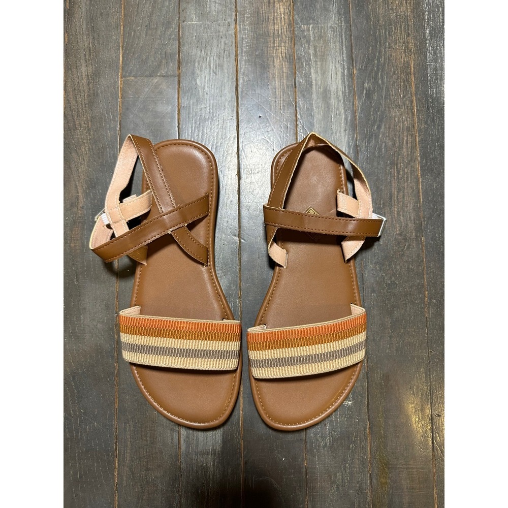 Womens Boho Striped Woven Flat Sandals Brown Ankle Strap Buckle
